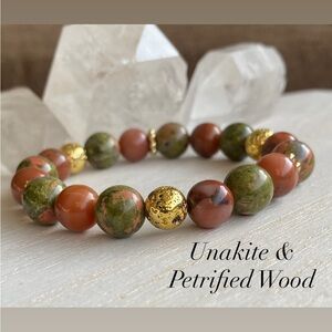 10mm Unakite & Petrified Wood Gemstone Bracelet